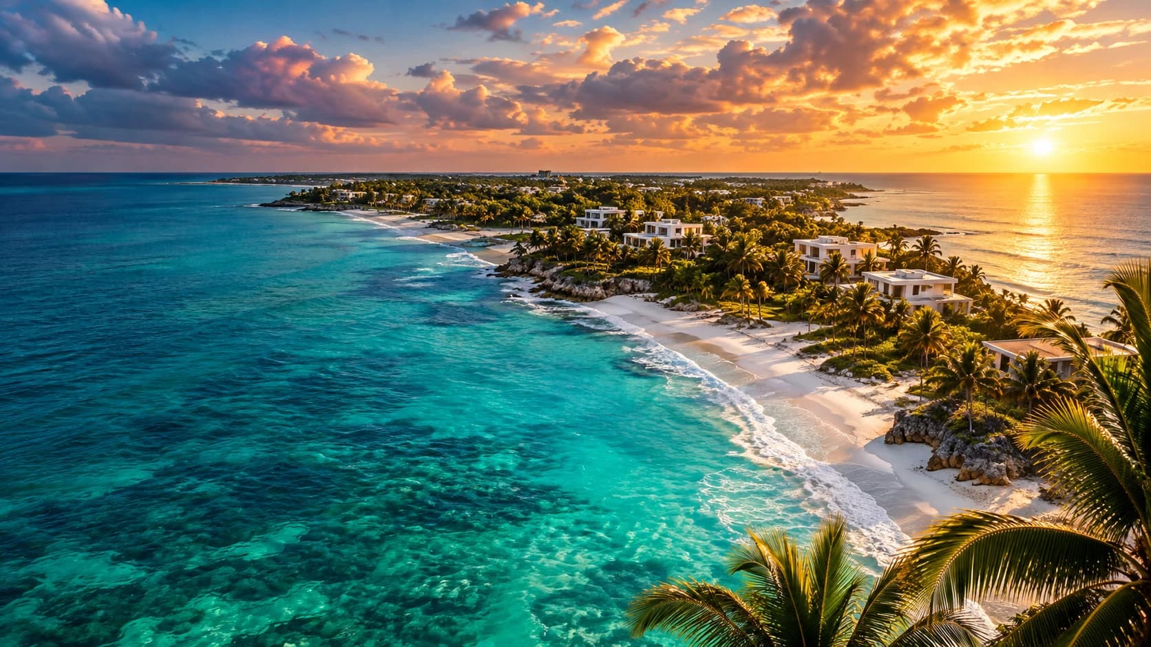 Caribbean coastline at sunset with villas among palm trees