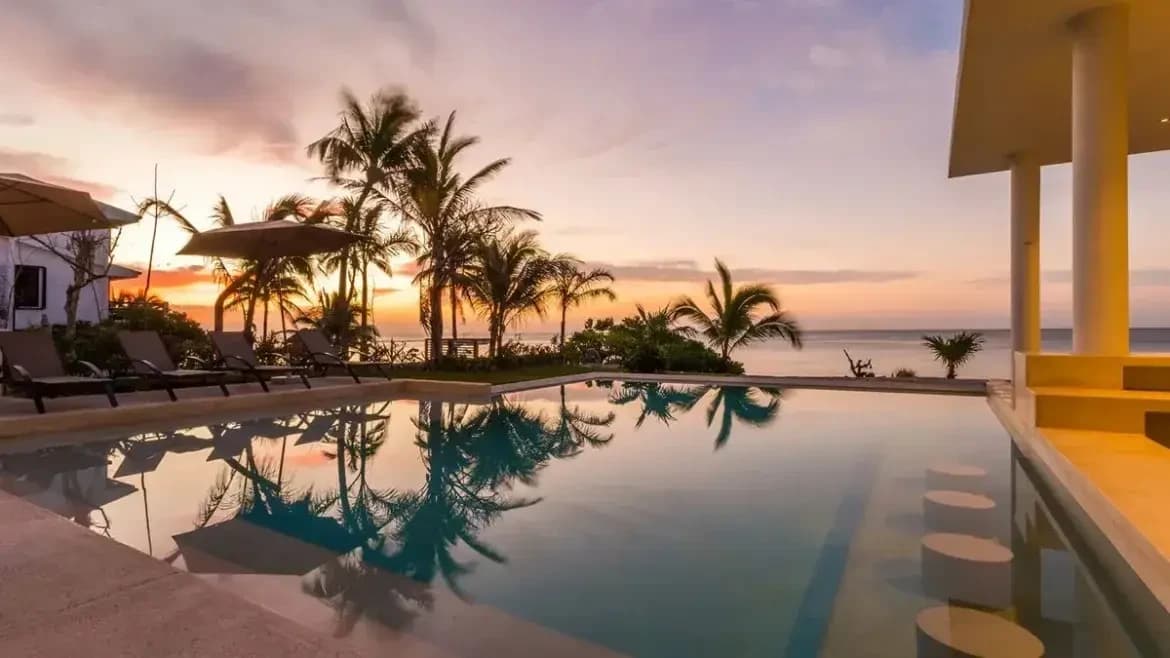 Infinity pool at sunset overlooking the Caribbean, palm trees reflected in the water